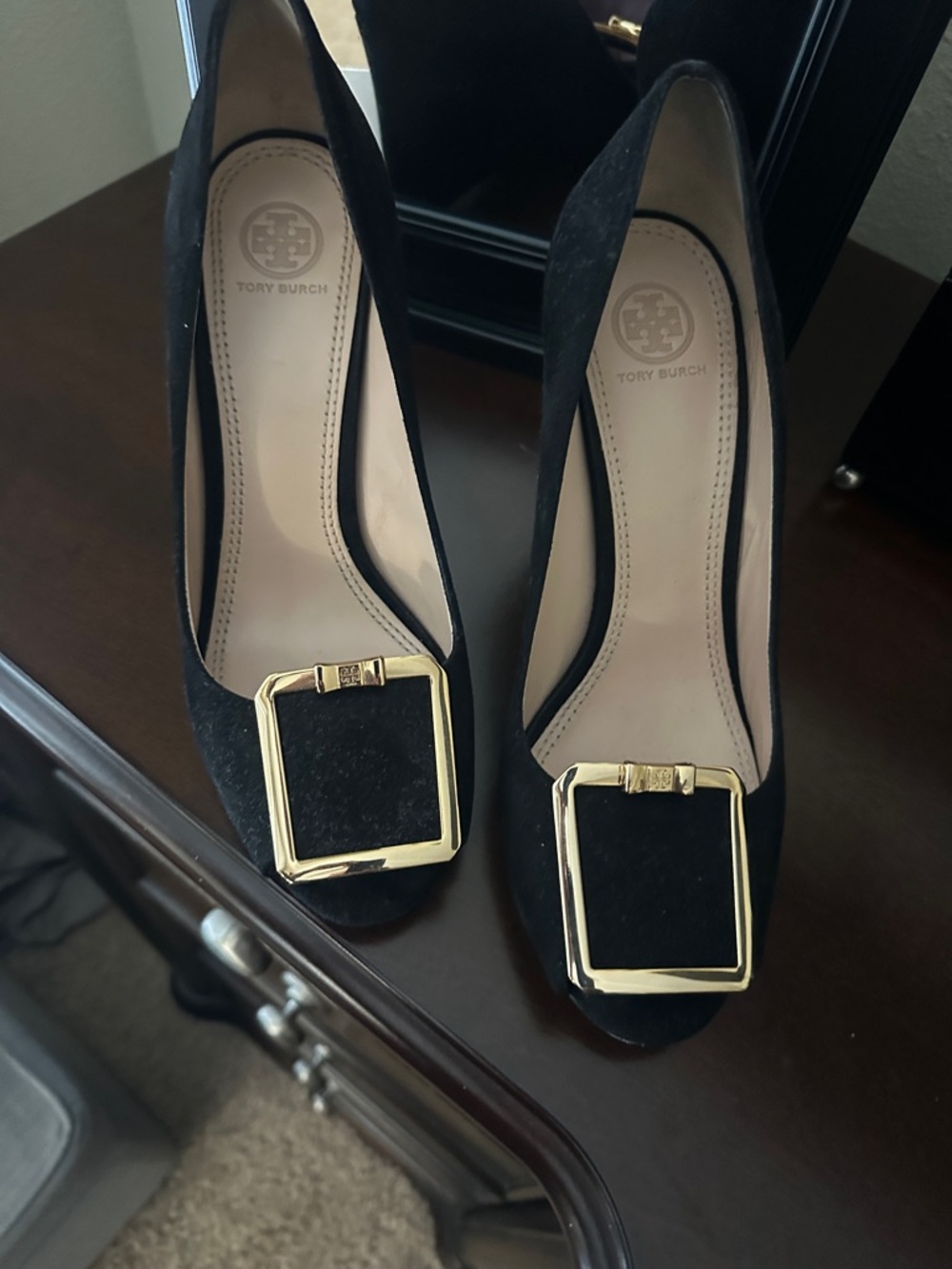 Tory Burch Black Suede Pumps with Gold Square Buckle